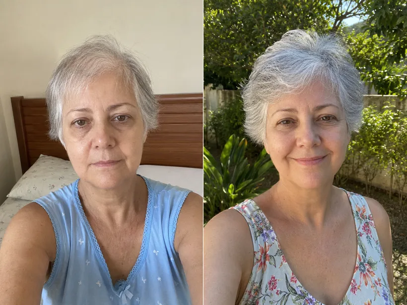 Antes e depois de Vera Lúcia Pacheco, 58 anos, cabelo curto, vista frontal